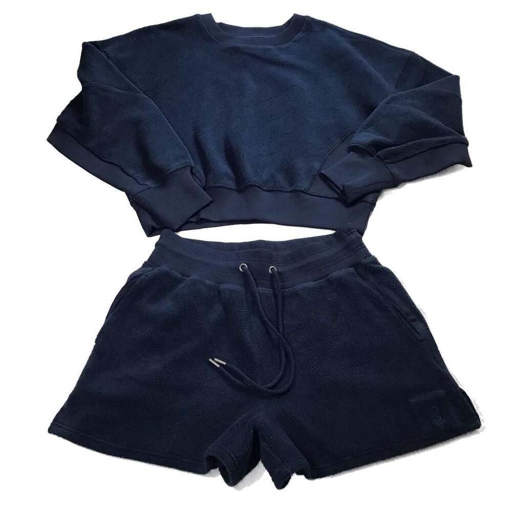 Free People Movement Blue Teddy Terry Crop Sweatshirt and Short Set Medium